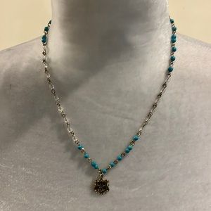 Gold metal tone/turquoise and clear beaded necklace. Worn several times
